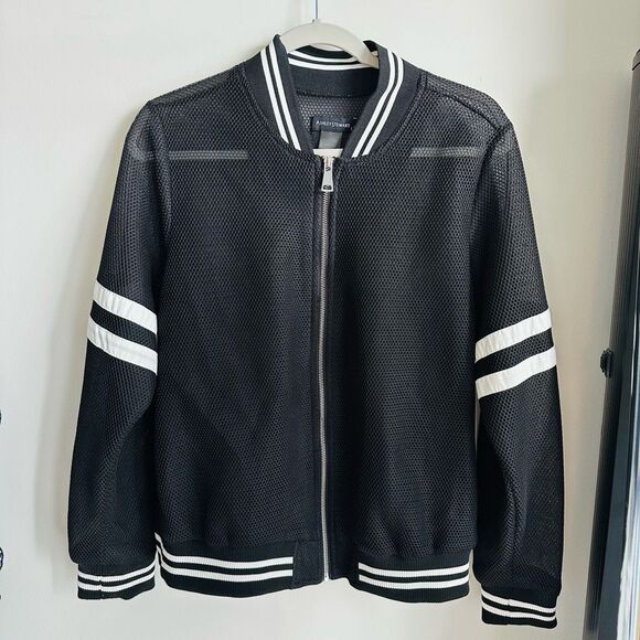 Ashley Stewart Black Mesh Bomber Jacket L/XL White Arm Stripe EUC - Picture 2 of 6